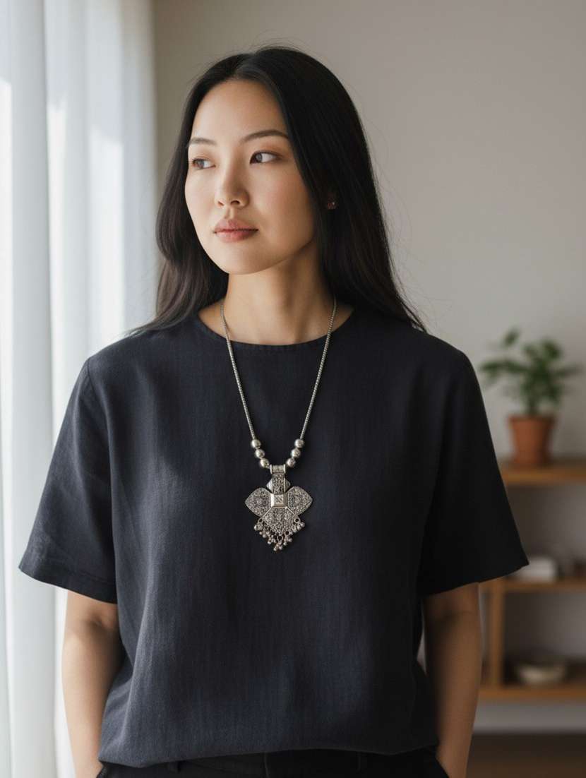 Oxidised Silver Big Pendant Necklace Chain With Balls - 22495396 -  Standard Image - 1