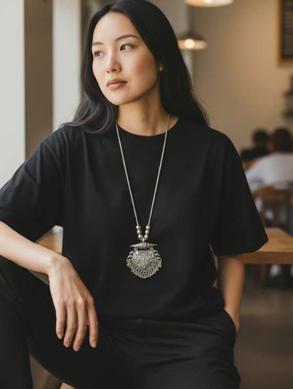 Oxidised Silver Big Pendant Necklace Chain Stylish Antique Statement Jewellery - 22495398 -  Standard Image - 1