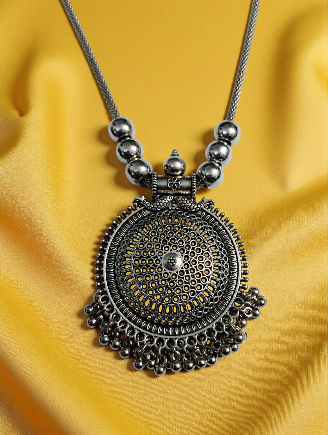 artificial oxidised traditional silver big pendant necklace chain