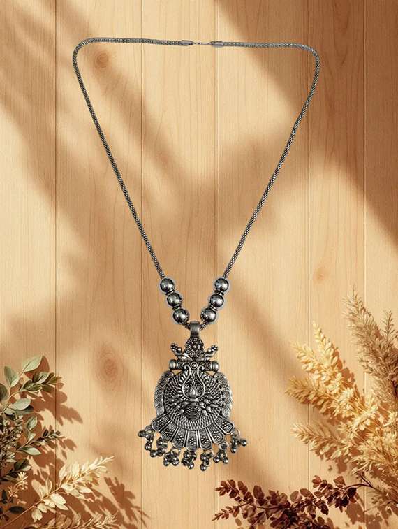 artificial oxidised traditional silver big pendant necklace
