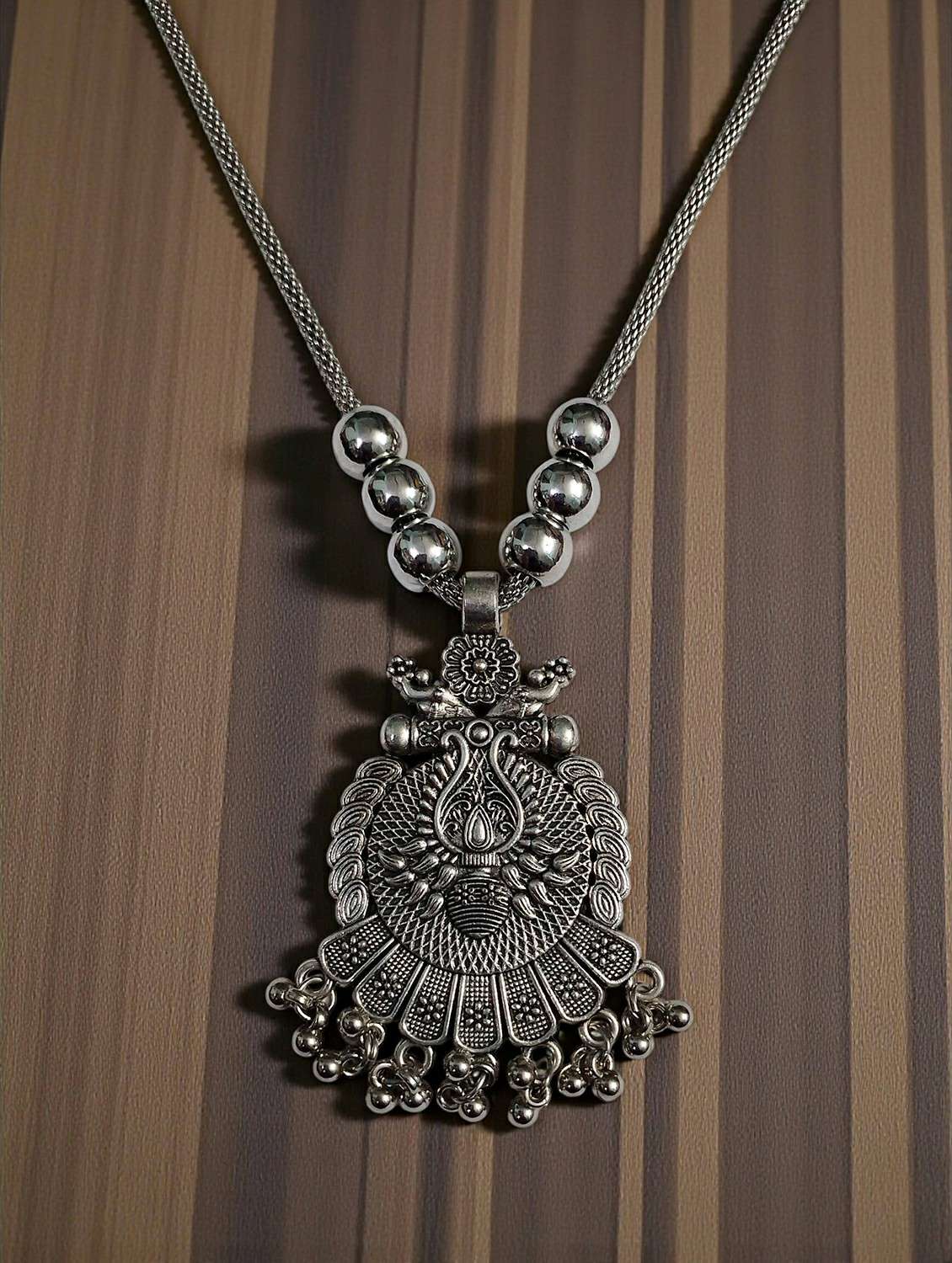 Artificial Oxidised Traditional Silver Big Pendant Necklace - 22495405 -  Standard Image - 1
