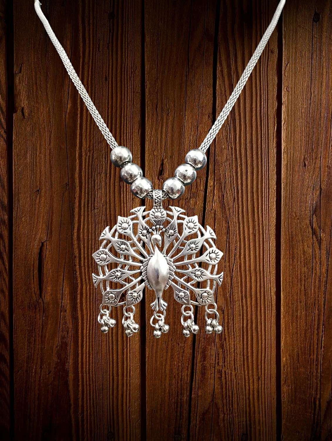 silver oxidised artificial peacock pendant necklace chain for women