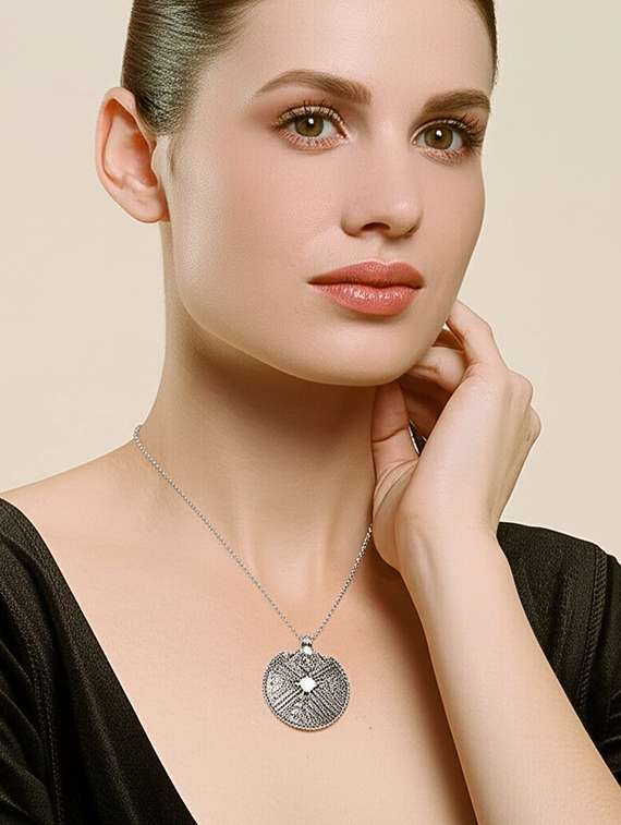 artificial oxidised silver big pendant necklace chain - antique statement jewellery - 22495435 -  Standard Image - 1