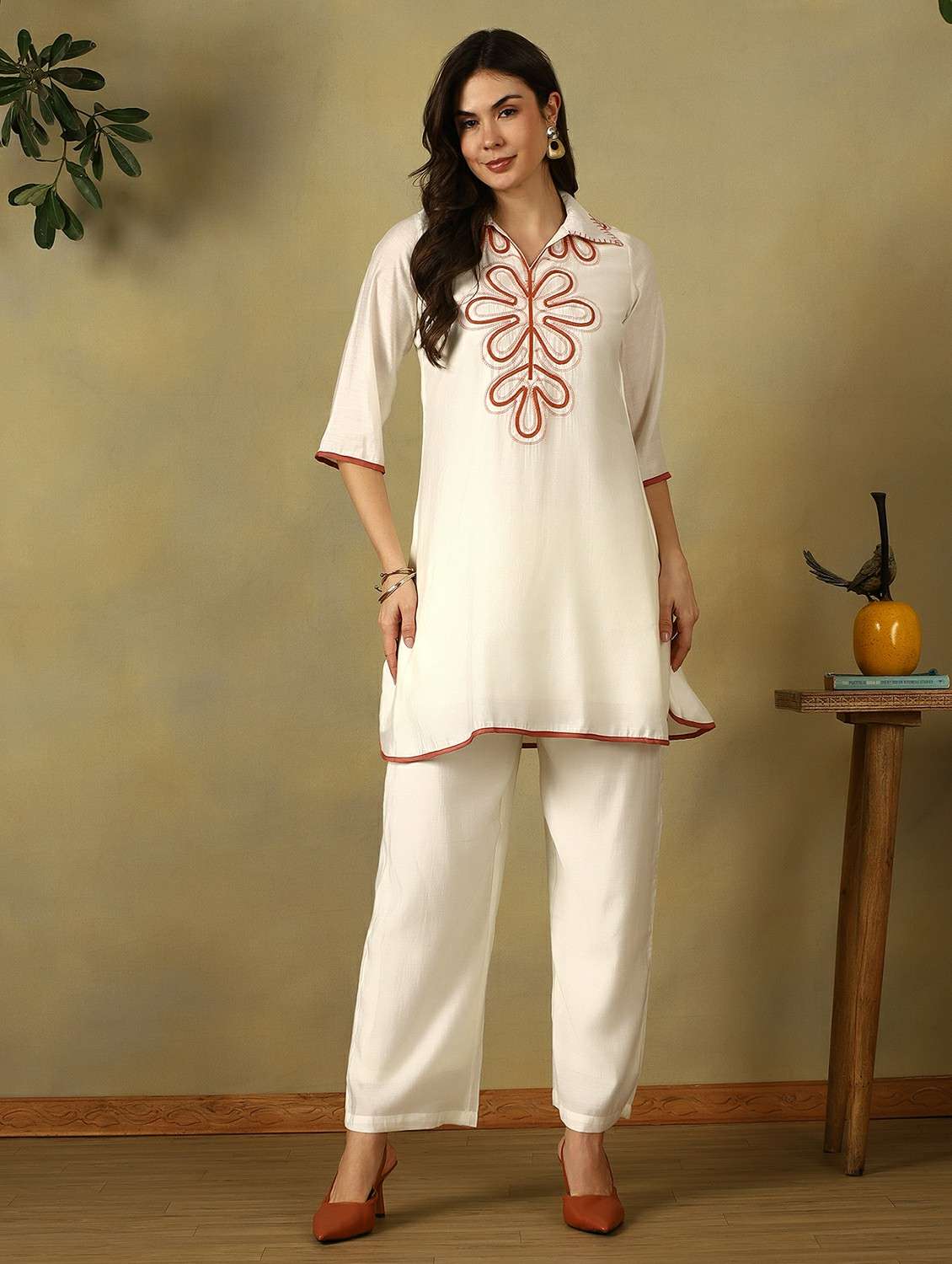 women embroidered collared top and trouser co-ord set