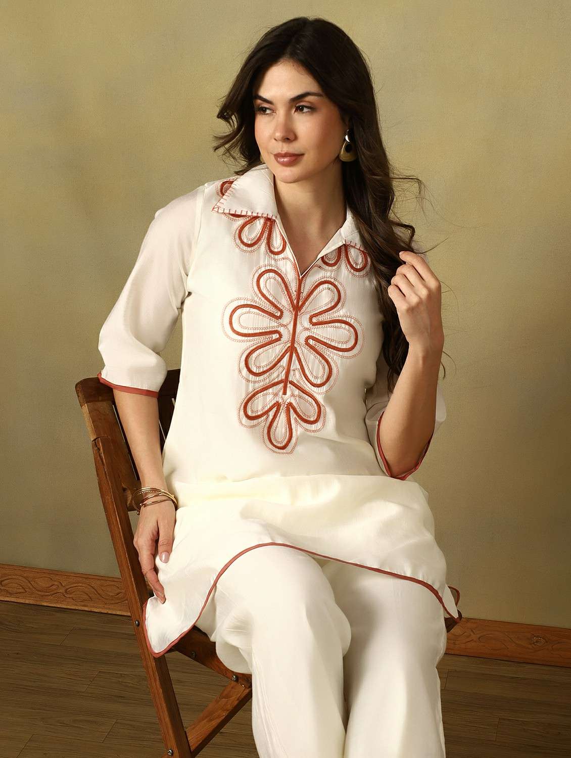 women embroidered collared top and trouser co-ord set - 22495493 -  Standard Image - 1