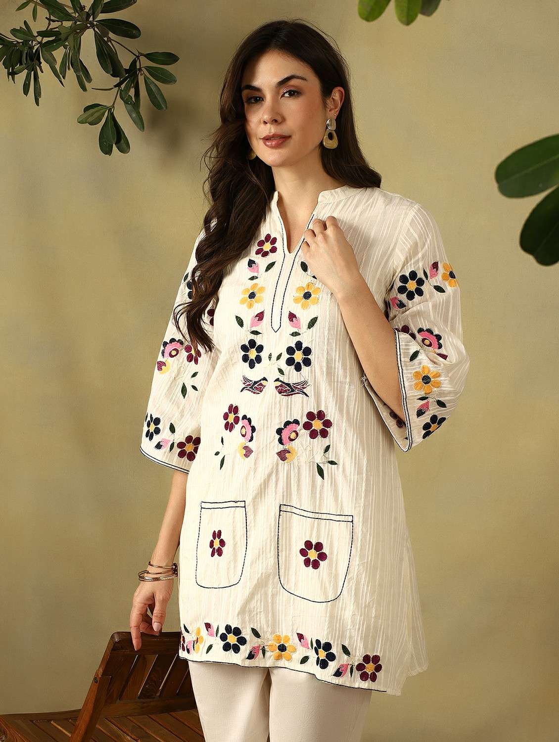 women embroidered mandarin collar co-ord set - 22495494 -  Standard Image - 1