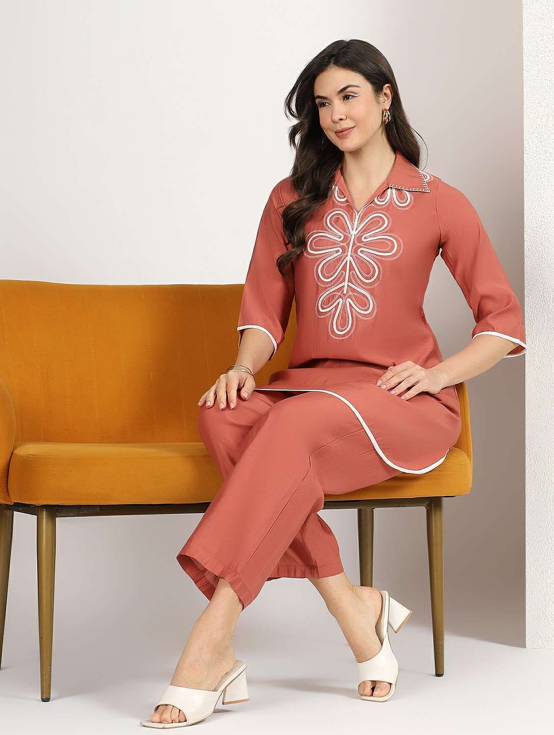 women embroidered collared top and trouser co-ord set - 22495558 -  Standard Image - 4