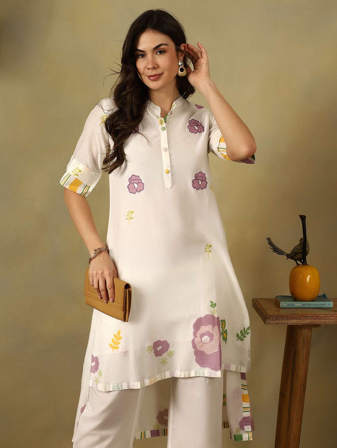 women printed three quarter sleeve kurta pant set - 22495562 -  Standard Image - 1