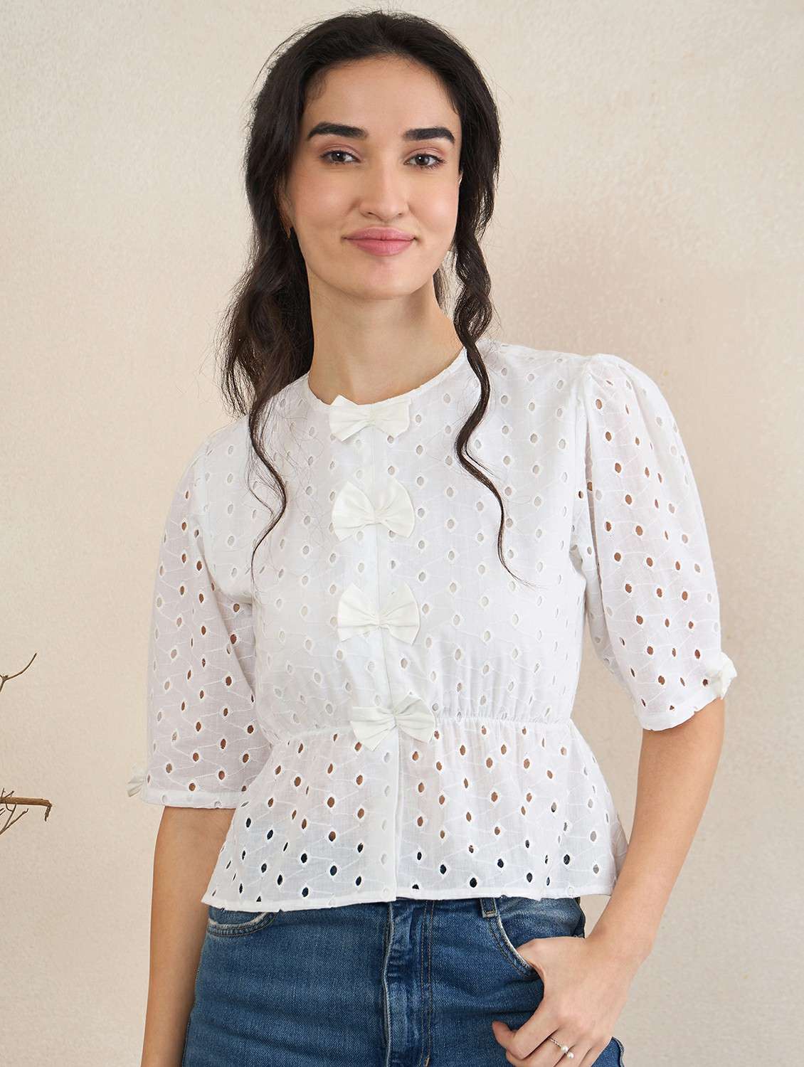 girls white schiffli cotton peplum top with puff sleeves - 22495983 -  Standard Image - 1