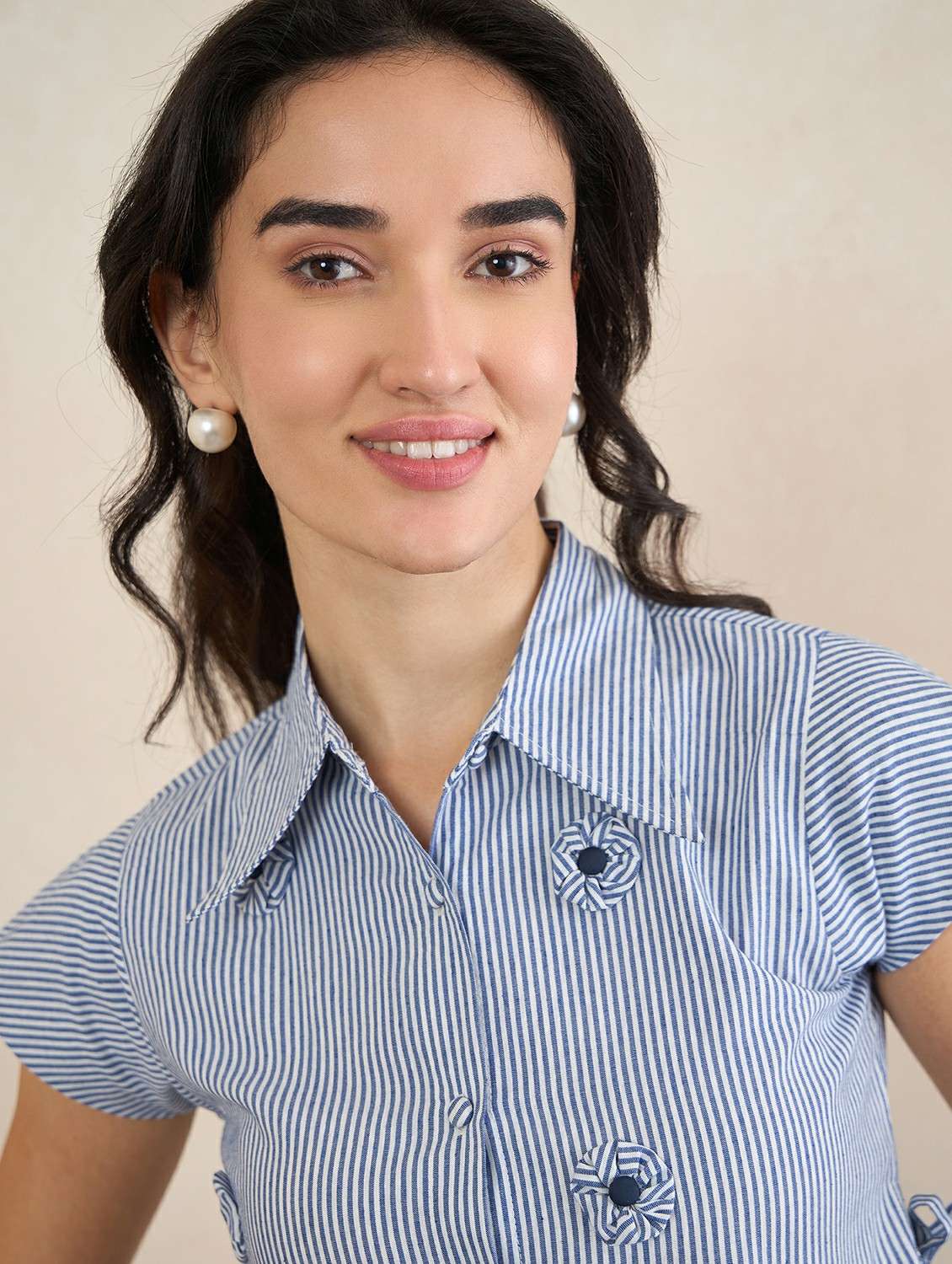 girls striped blue cotton shirt with floral applique and spread collar - 22495986 -  Standard Image - 1