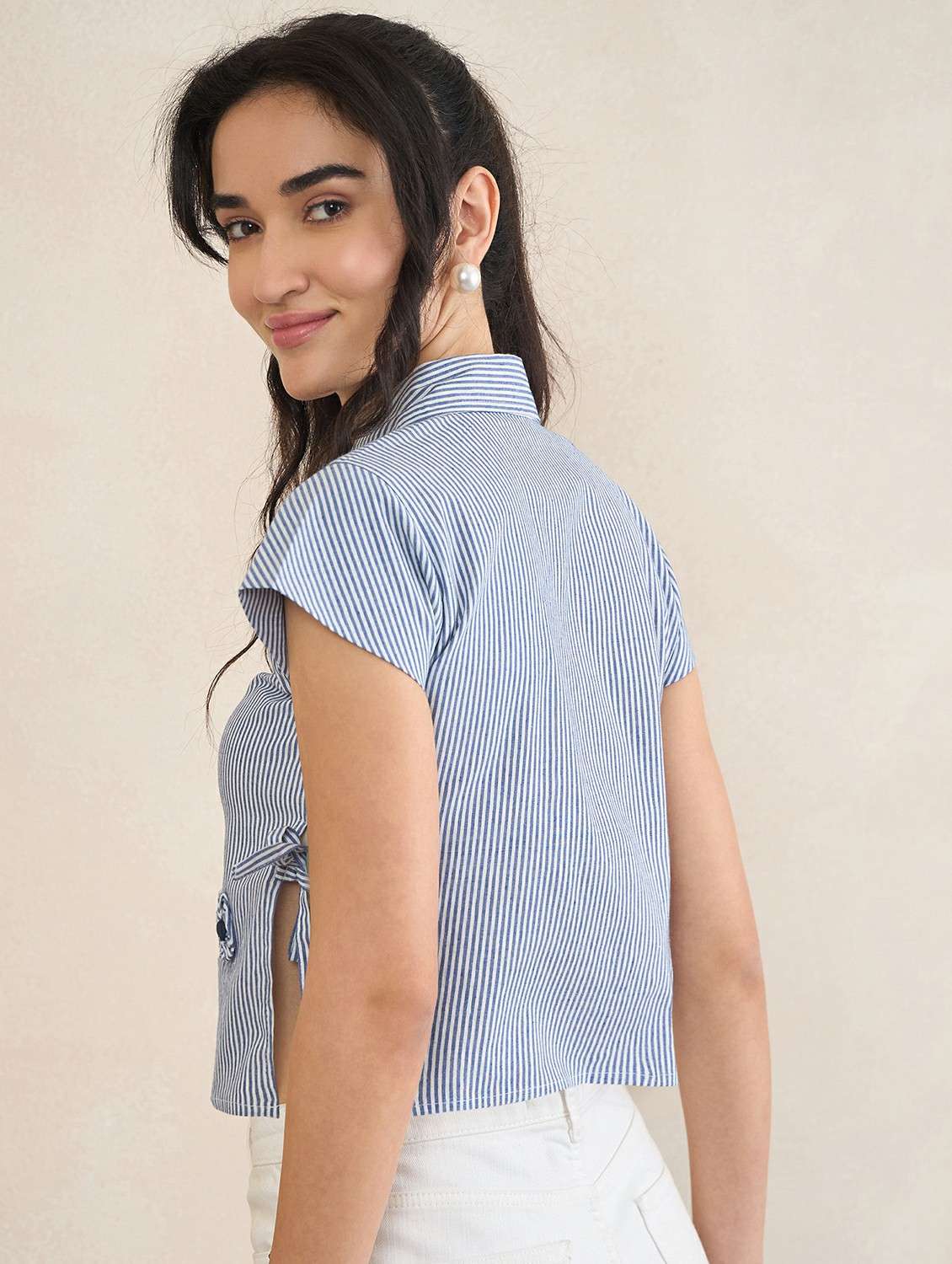 girls striped blue cotton shirt with floral applique and spread collar - 22495986 -  Standard Image - 4