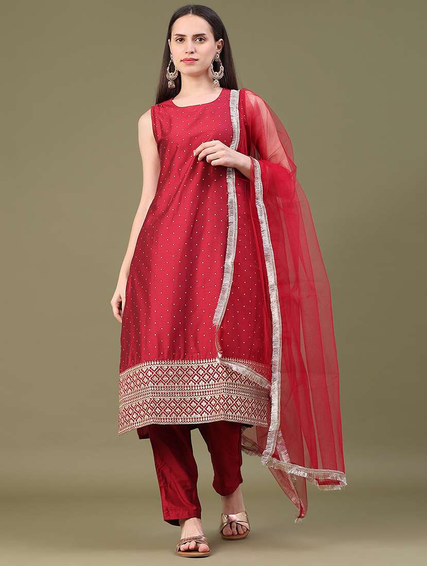 women printed sleeveless kurta pant with dupatta set