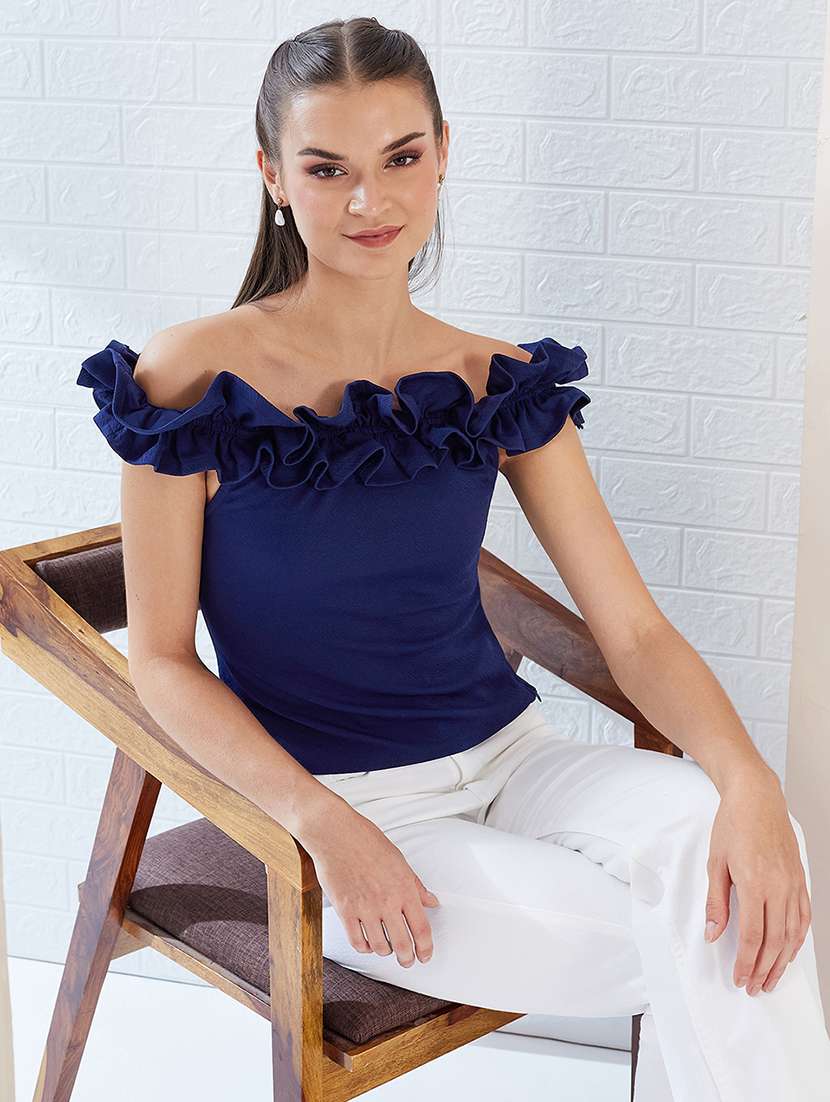 women solid off shoulder ruffle top
