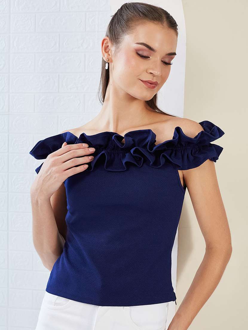 women solid off shoulder ruffle top - 22497472 -  Standard Image - 1