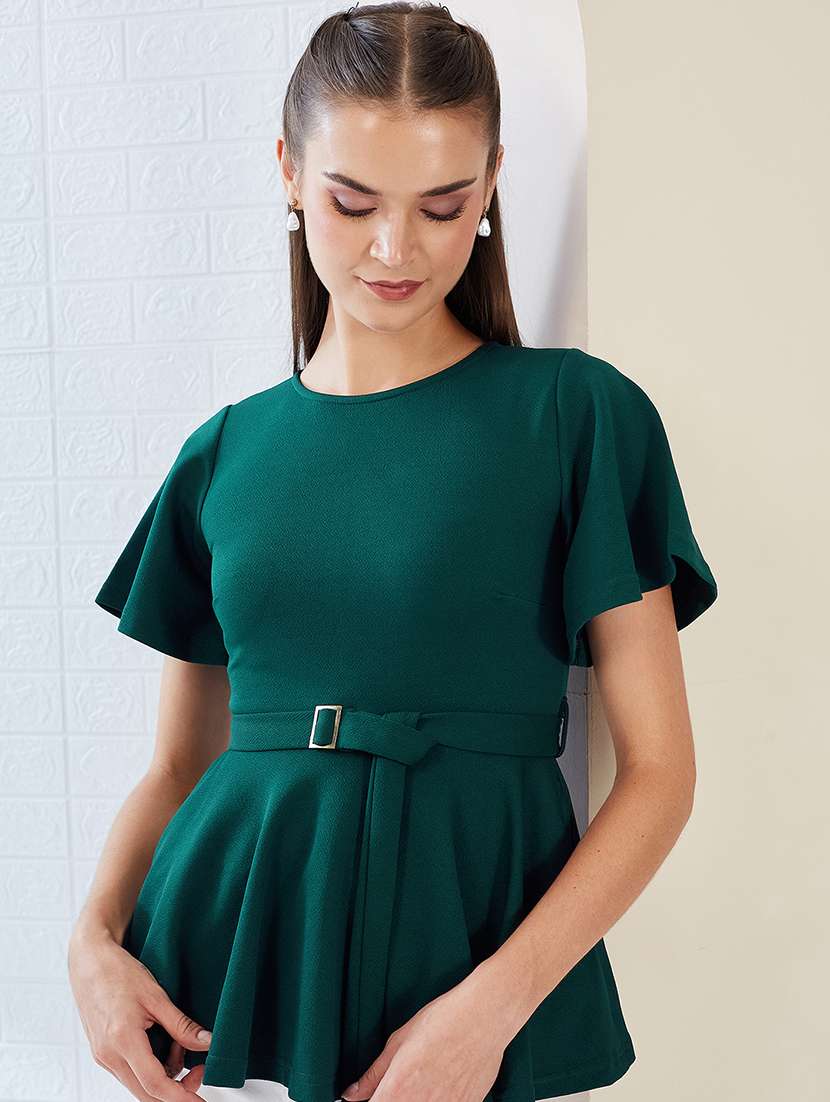 Women Solid Round Neck Peplum Top - 22497474 -  Standard Image - 1