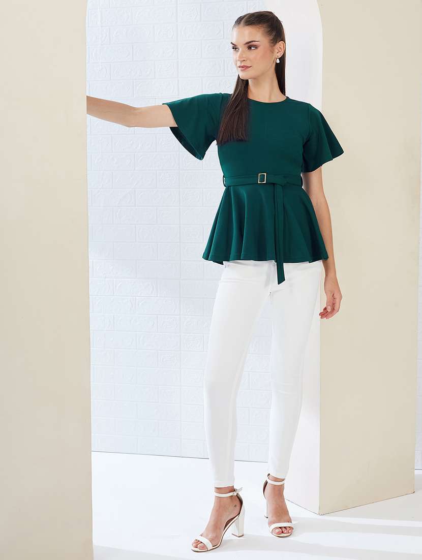 Women Solid Round Neck Peplum Top - 22497474 -  Standard Image - 4