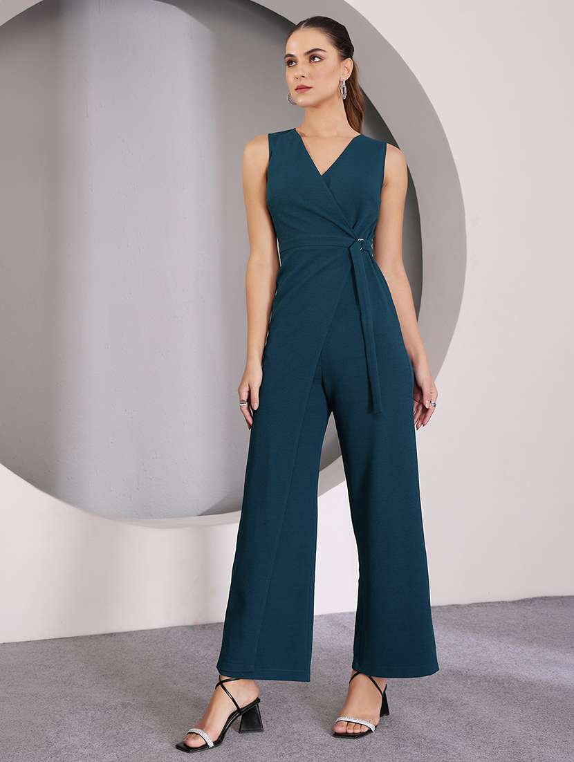 women solid sleeveless full leg jumpsuit