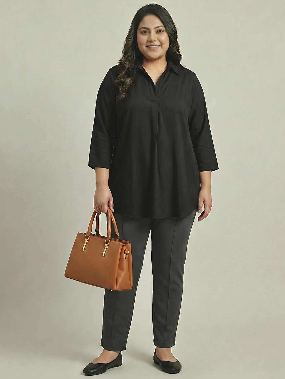 women solid three quarter sleeve a-line tunic - 22497488 -  Standard Image - 4