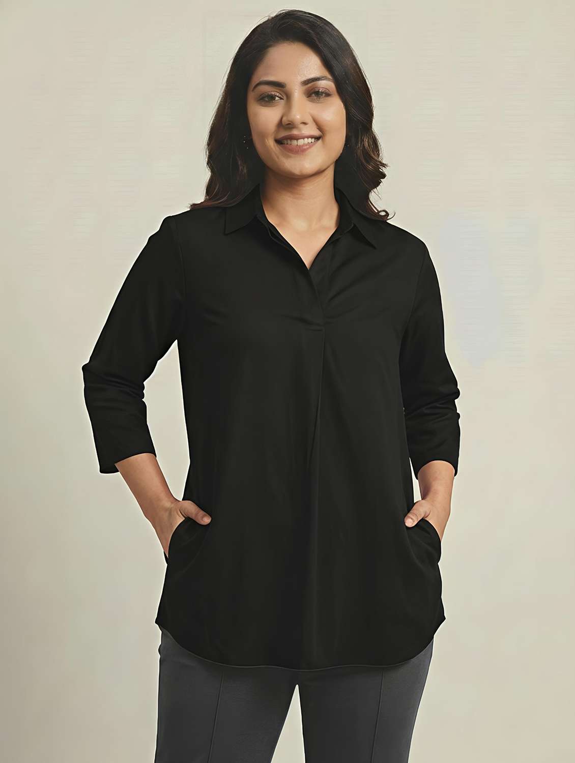 women solid three quarter sleeves shirt tunic