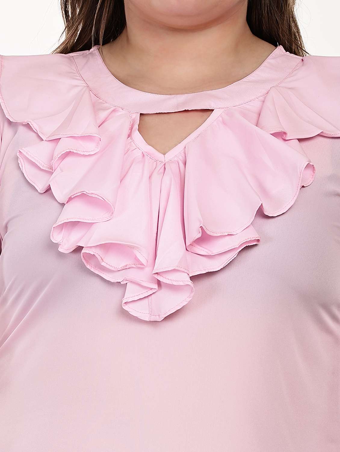 women solid key hole neck regular fit ruffle top  - 22497508 -  Standard Image - 1
