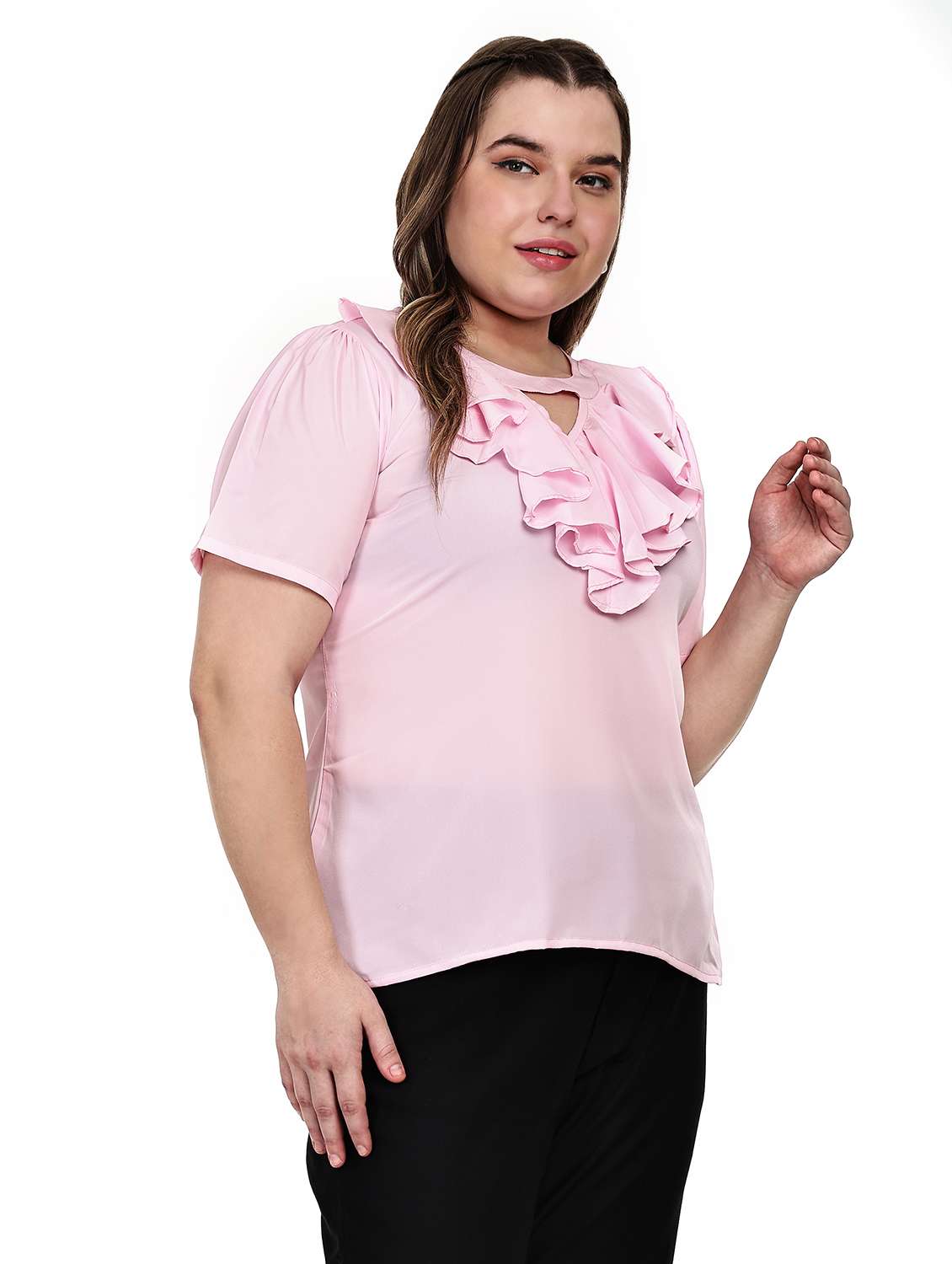 women solid key hole neck regular fit ruffle top  - 22497508 -  Standard Image - 4