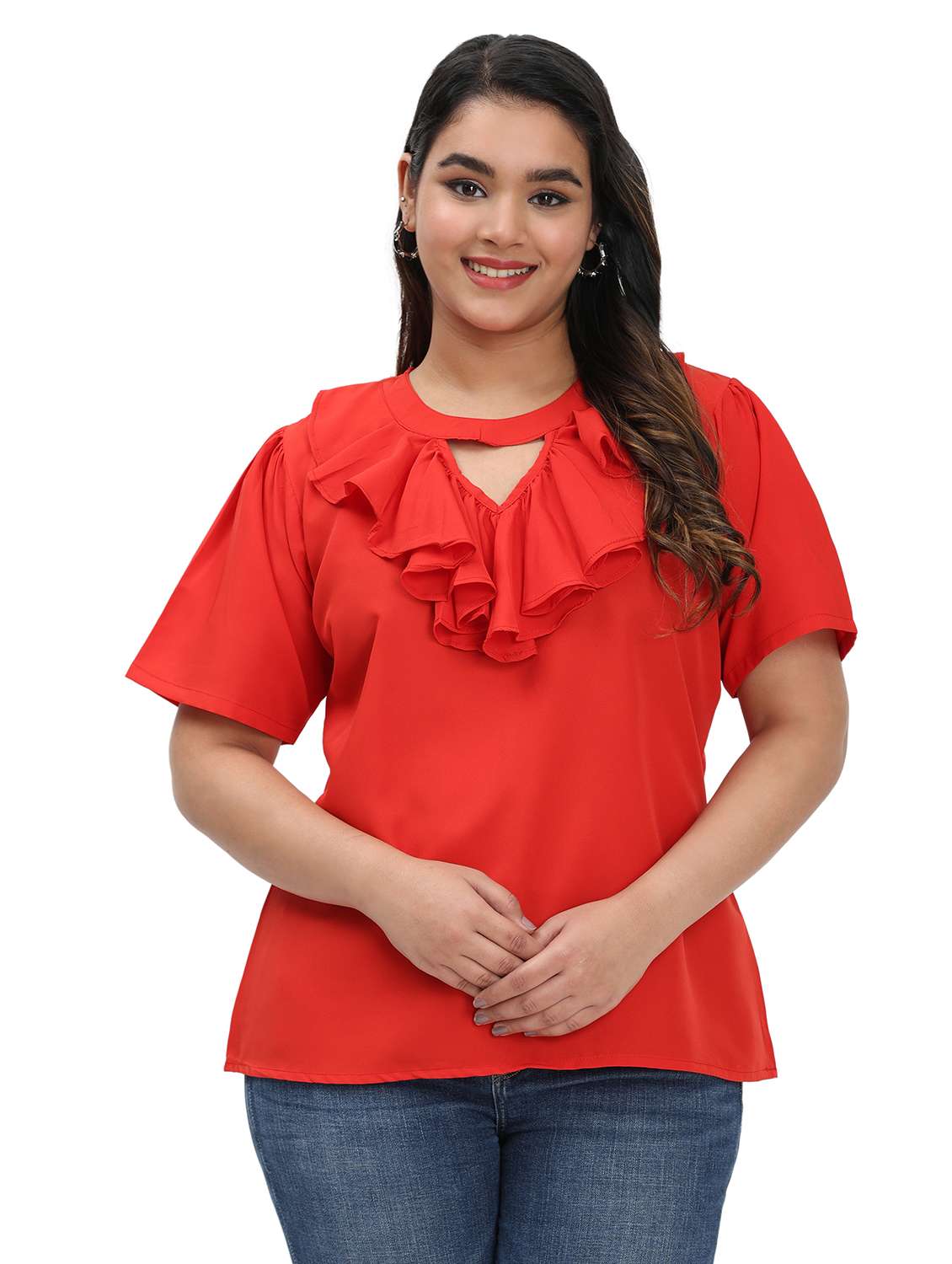 women solid short sleeves ruffle top