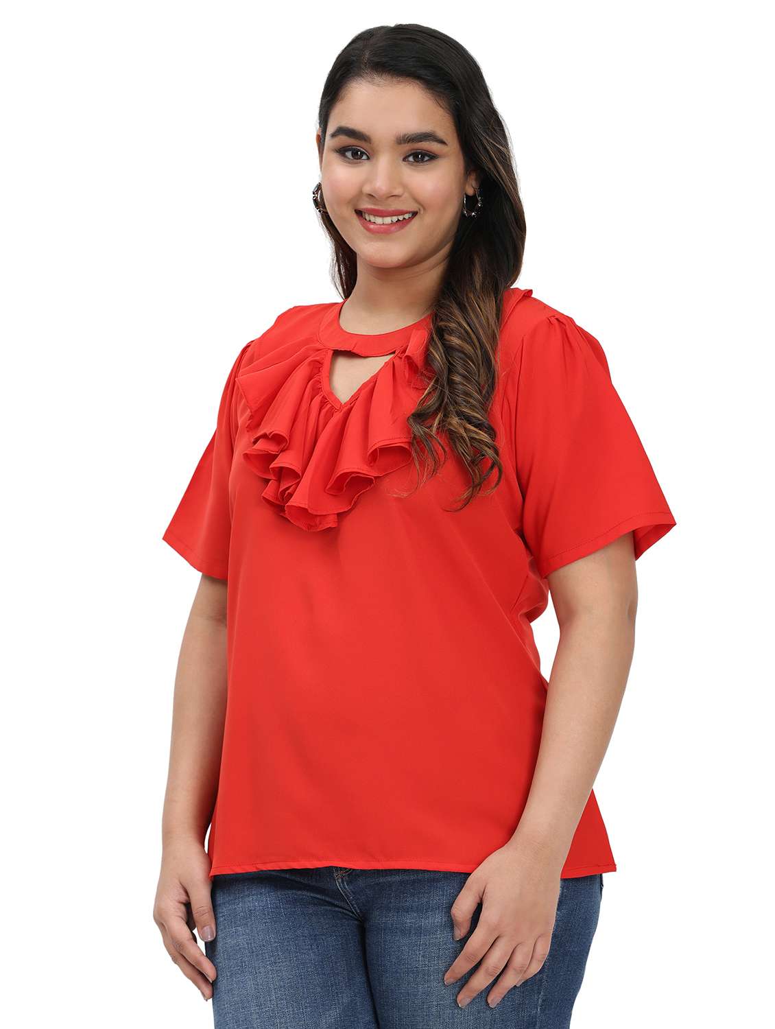 women solid short sleeves ruffle top - 22497510 -  Standard Image - 1