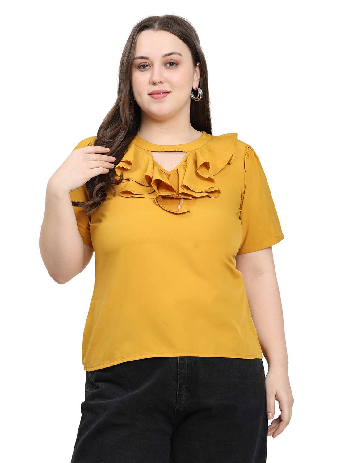 women solid round neck regular fit ruffle top 