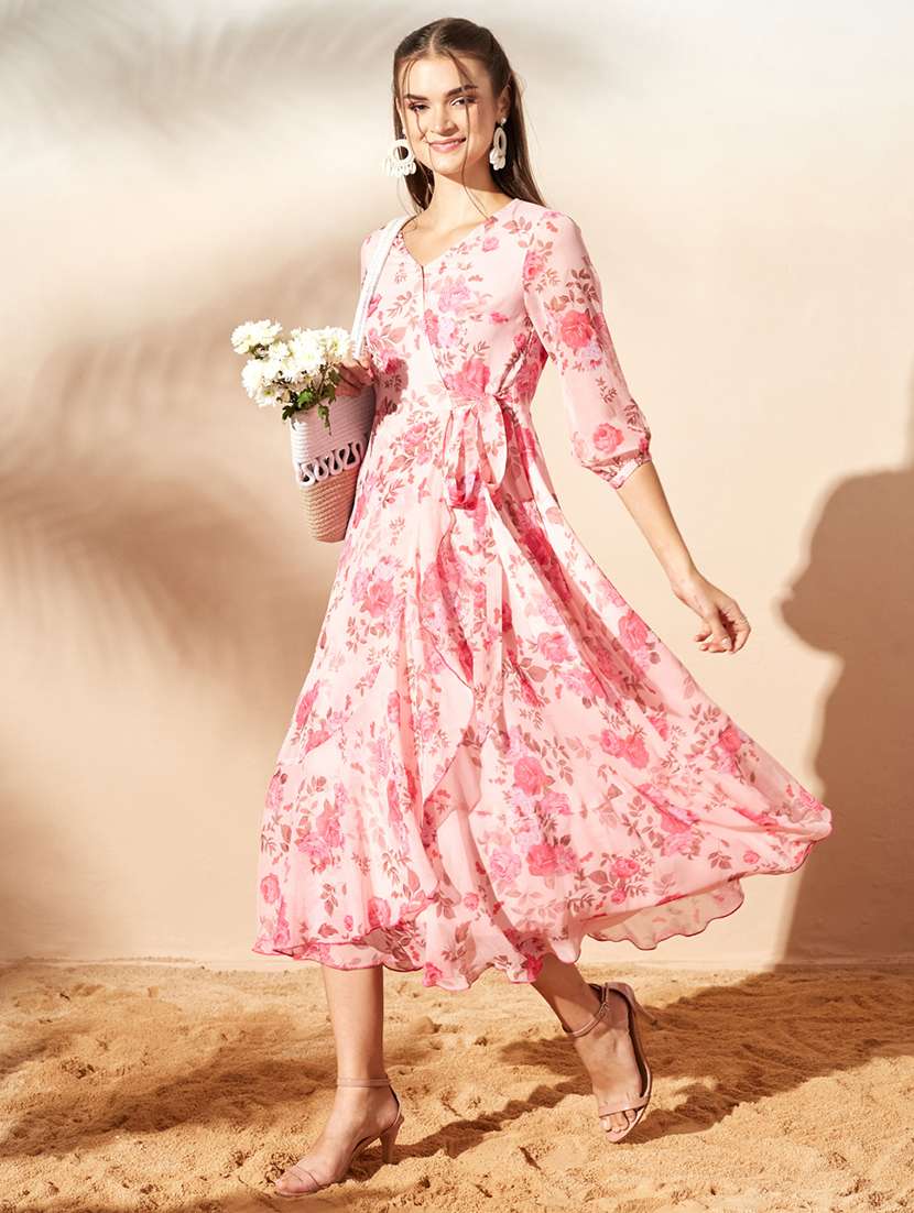 women printed three quarter sleeve wrap dress