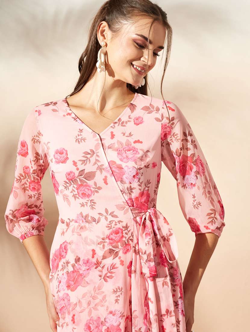 women printed three quarter sleeve wrap dress - 22497515 -  Standard Image - 1