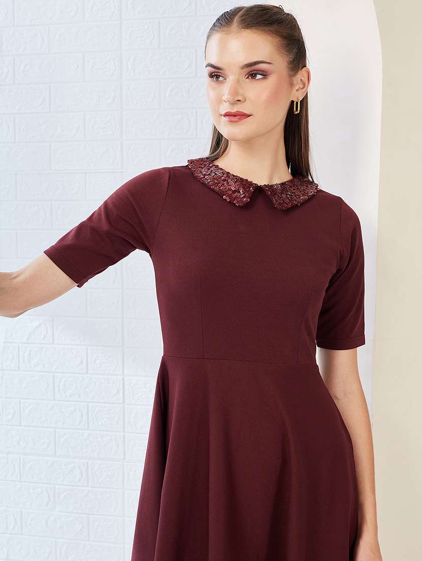 women solid short sleeve fit & flare dress - 22497519 -  Standard Image - 1