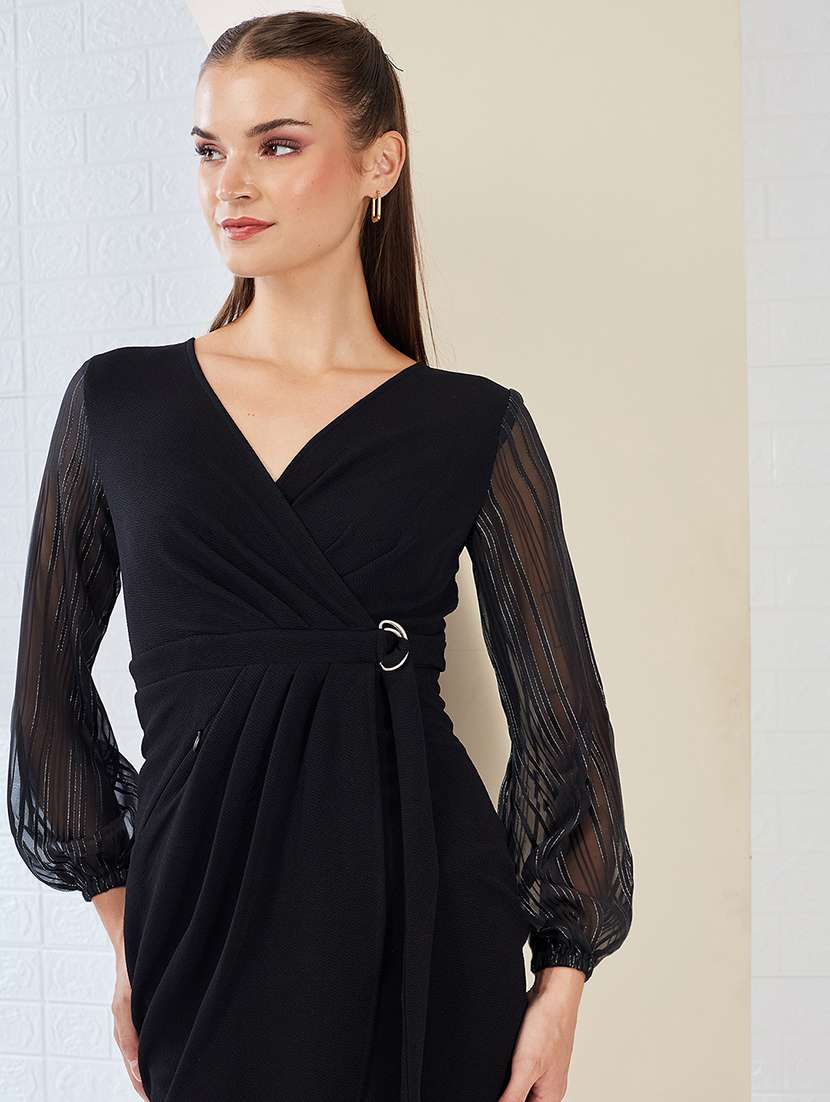 women solid long sleeve wrap dress - 22497525 -  Standard Image - 1