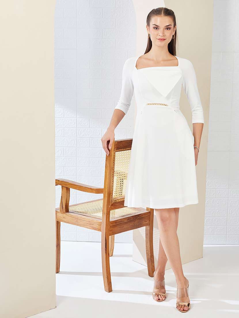 Women Solid Three Quarter Sleeve Fit & Flare Dress - 22497535 -  Standard Image - 4