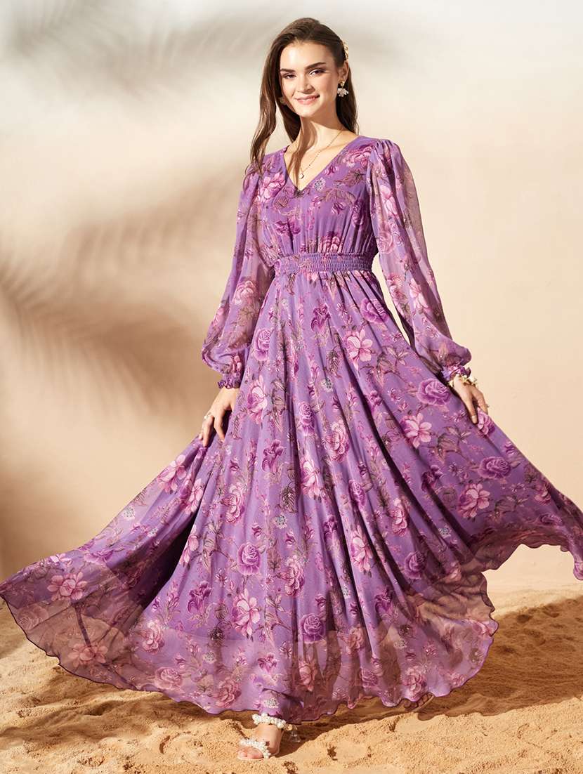 women printed long sleeve maxi dress
