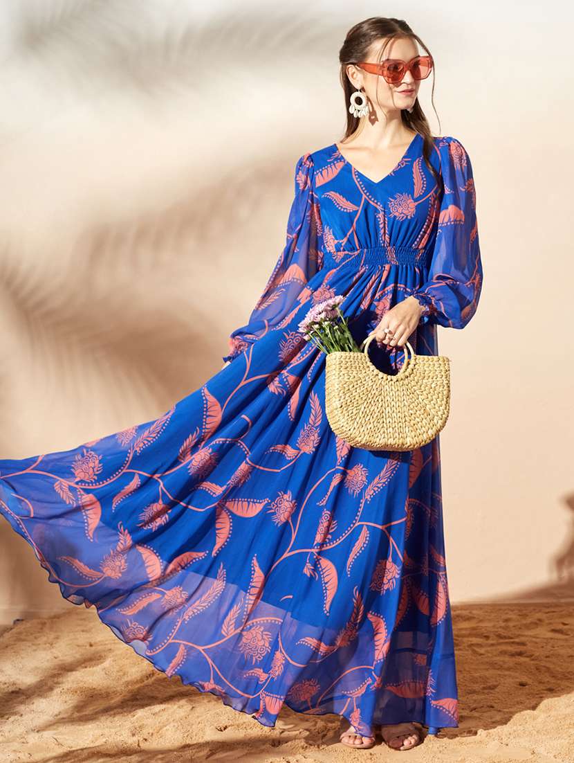 women printed bishop sleeve maxi dress