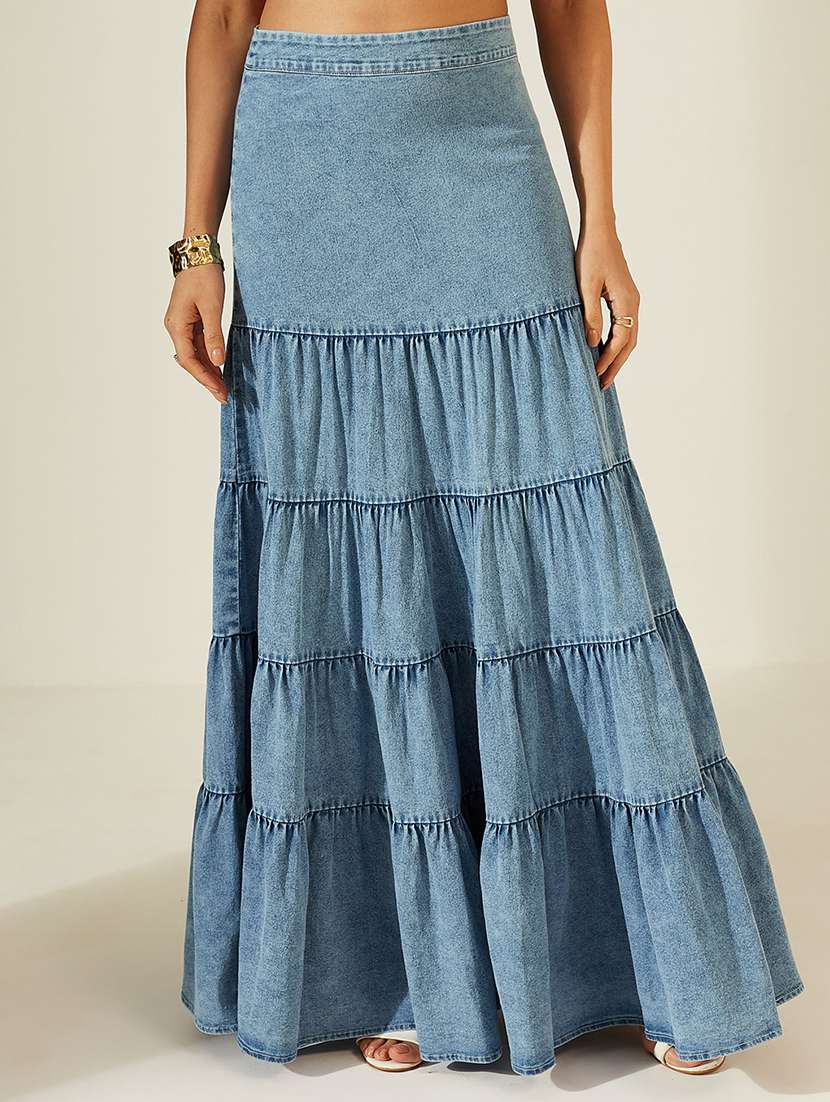women solid high rise denim tiered skirt