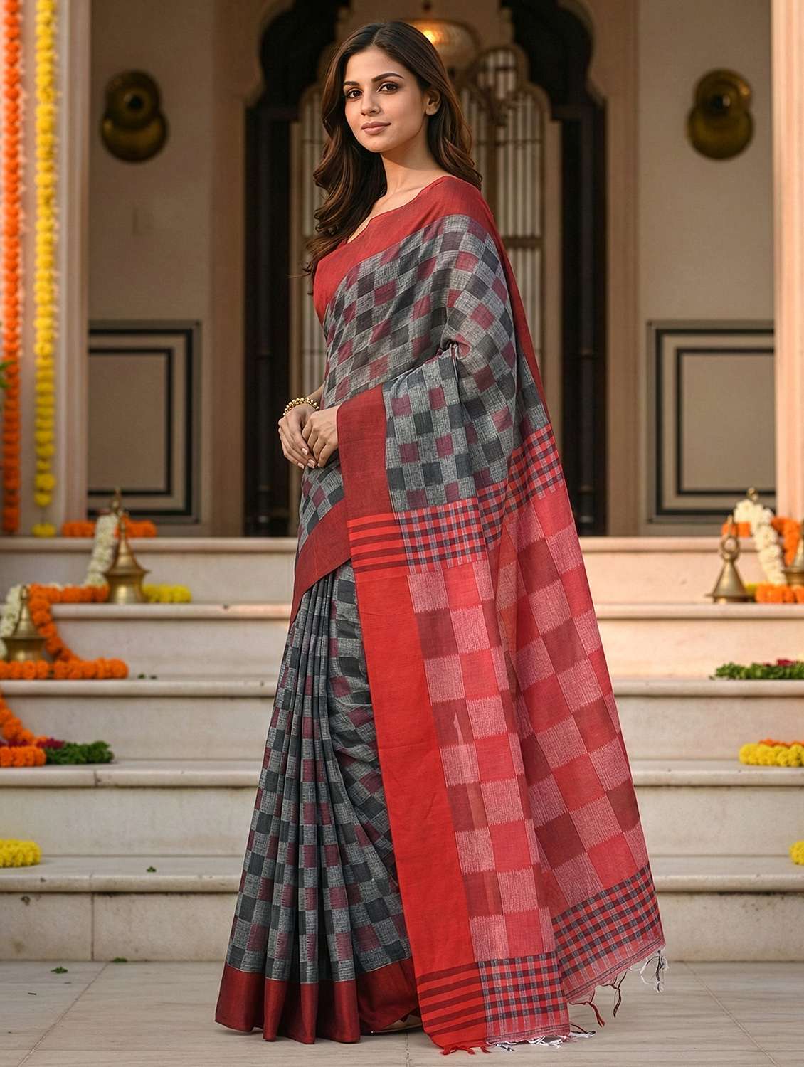 women checkered handloom saree with blouse - 22497595 -  Standard Image - 1