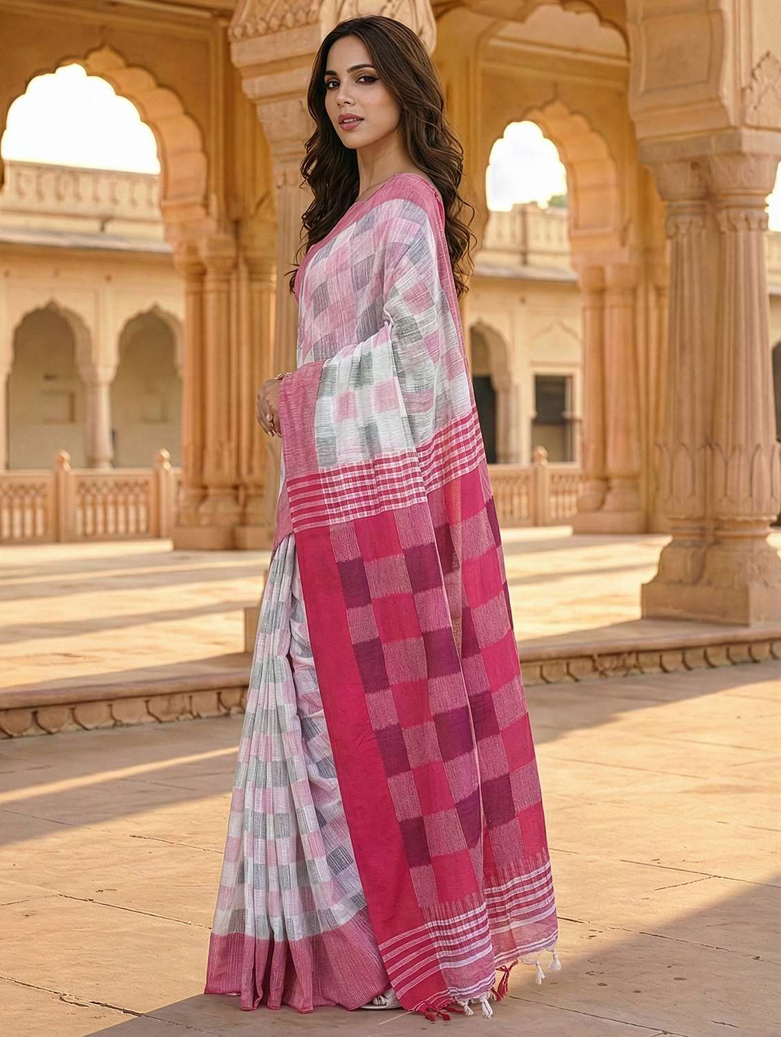 women checkered handloom saree with blouse - 22497596 -  Standard Image - 1