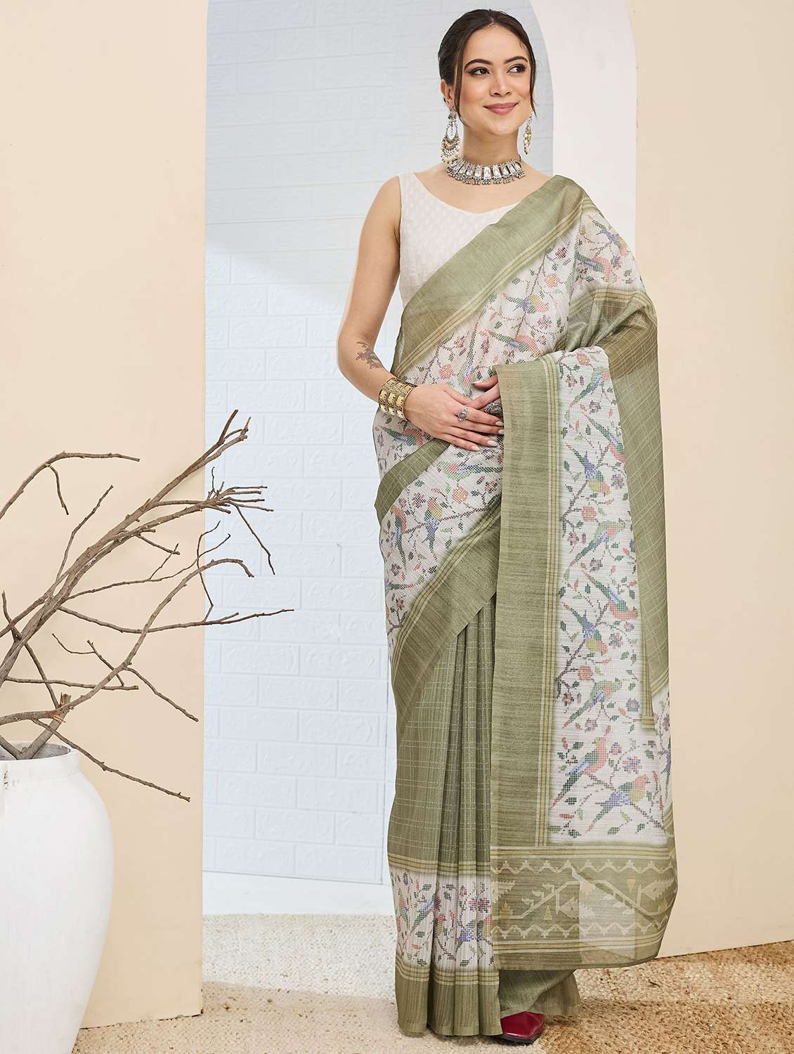 women printed ready to wear saree with blouse