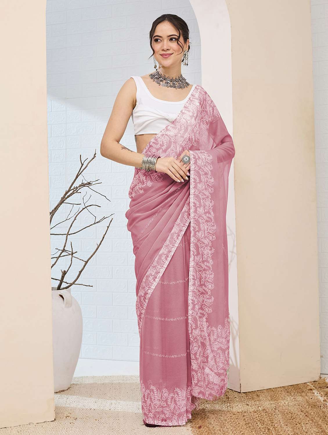 women printed ready to wear saree with blouse