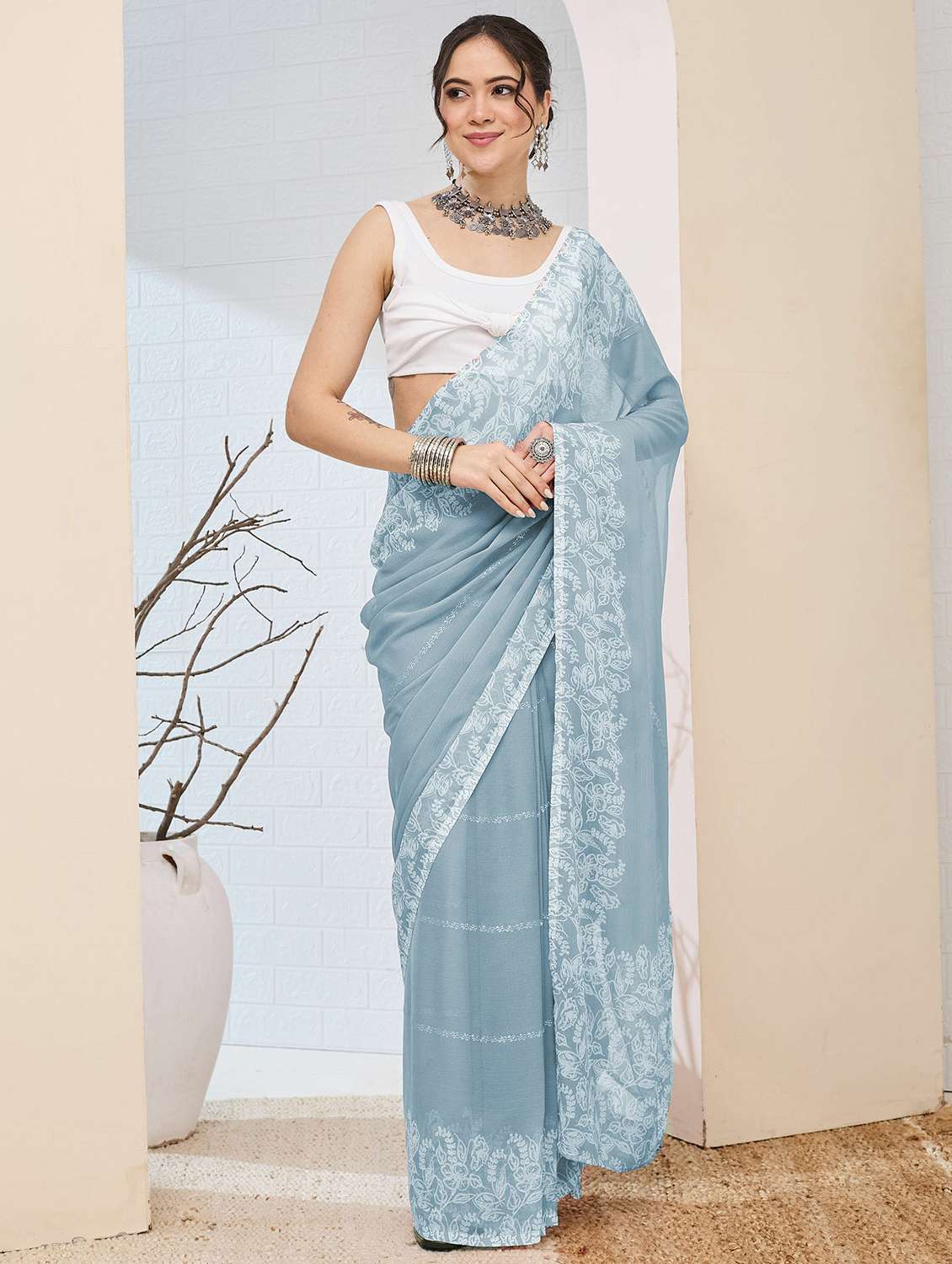 women printed ready to wear saree with blouse