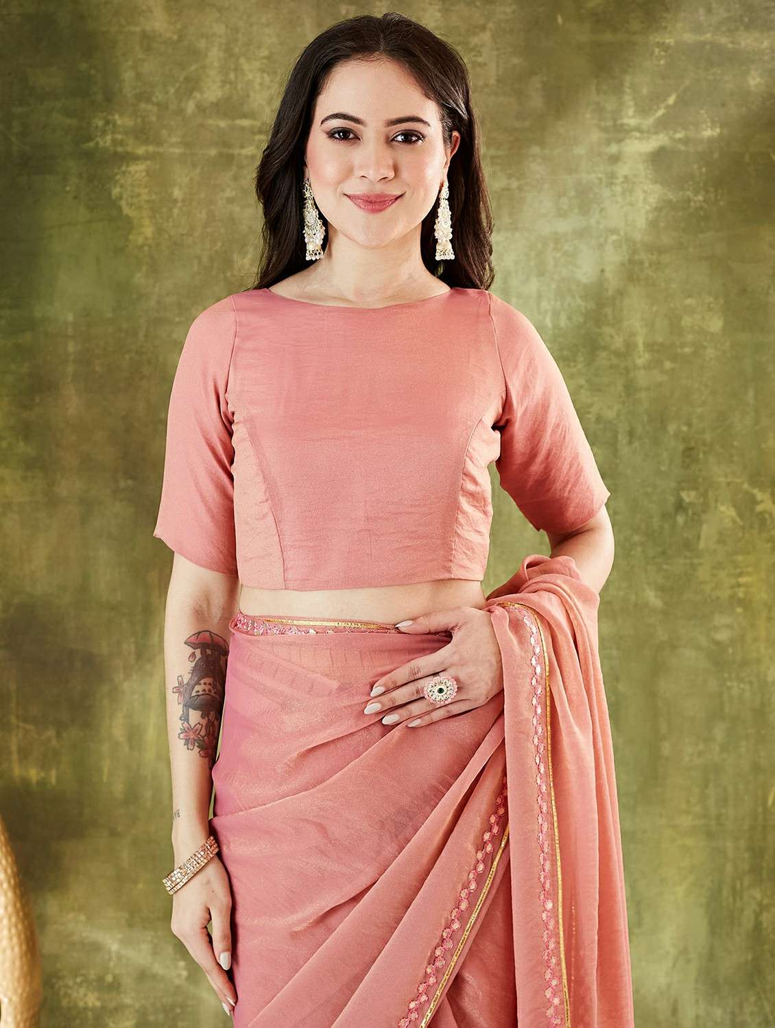 Women Solid Ready To Wear Saree With Blouse - 22497835 -  Standard Image - 4