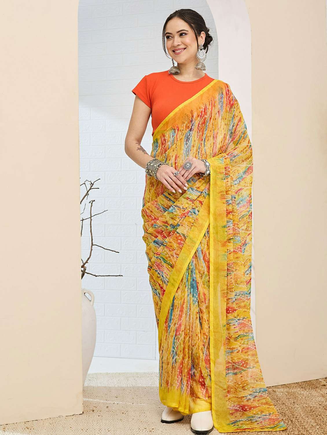 women printed ready to wear saree with blouse