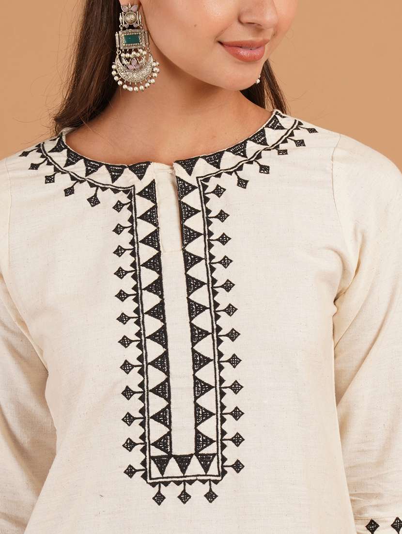 women embroidered three quarter sleeve straight kurti - 22497983 -  Standard Image - 1