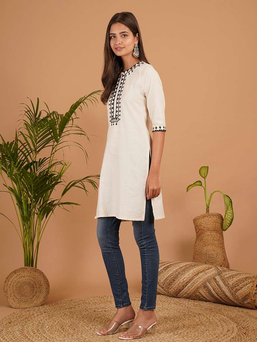 women embroidered three quarter sleeve straight kurti - 22497983 -  Standard Image - 4