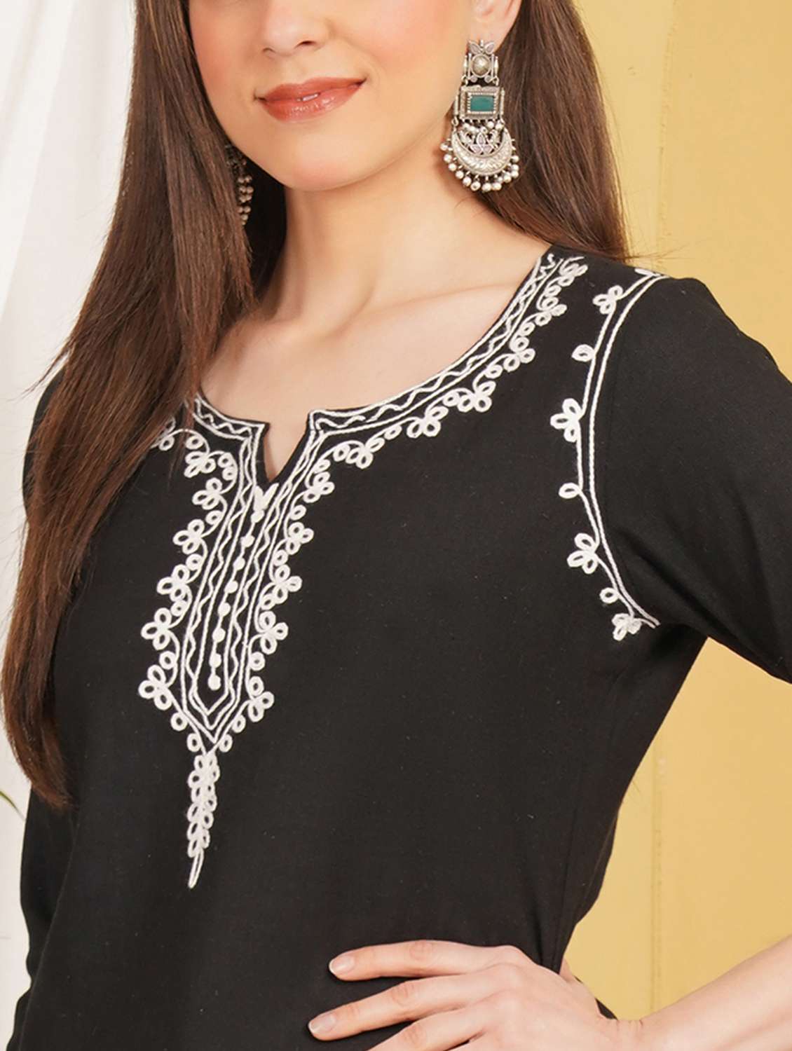 women embroidered three quarter sleeve straight kurti - 22497999 -  Standard Image - 1
