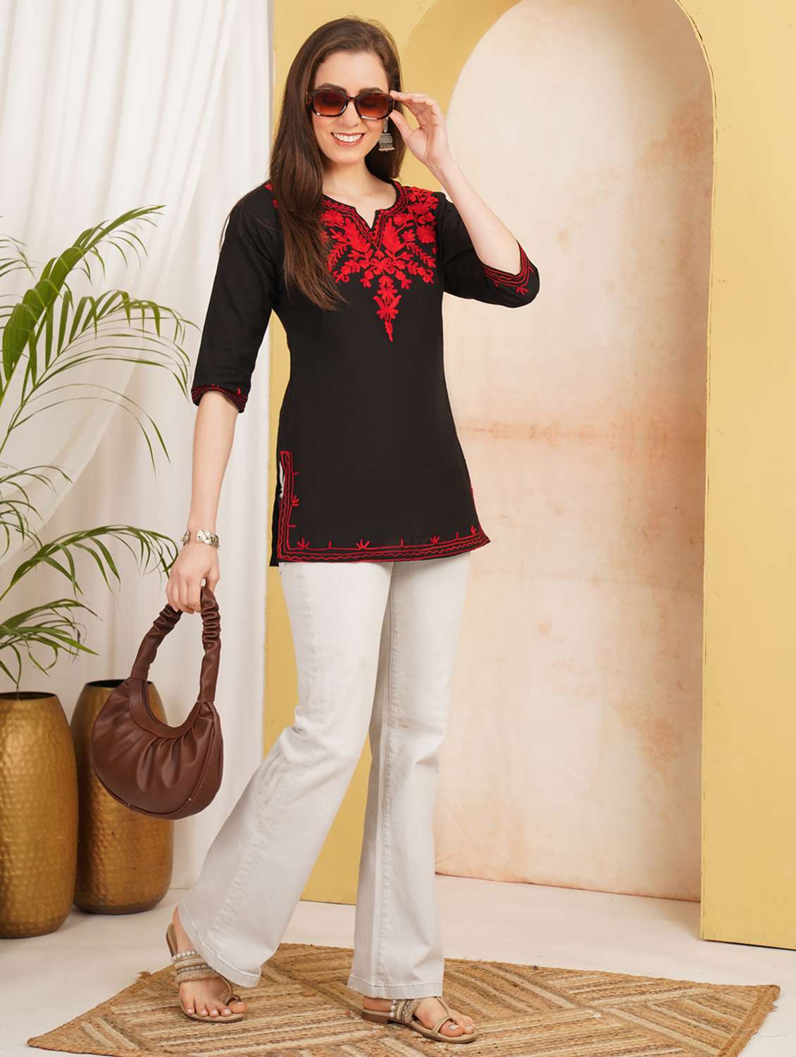 Women Embroidered Three Quarter Sleeve Straight Kurti - 22498008 -  Standard Image - 4