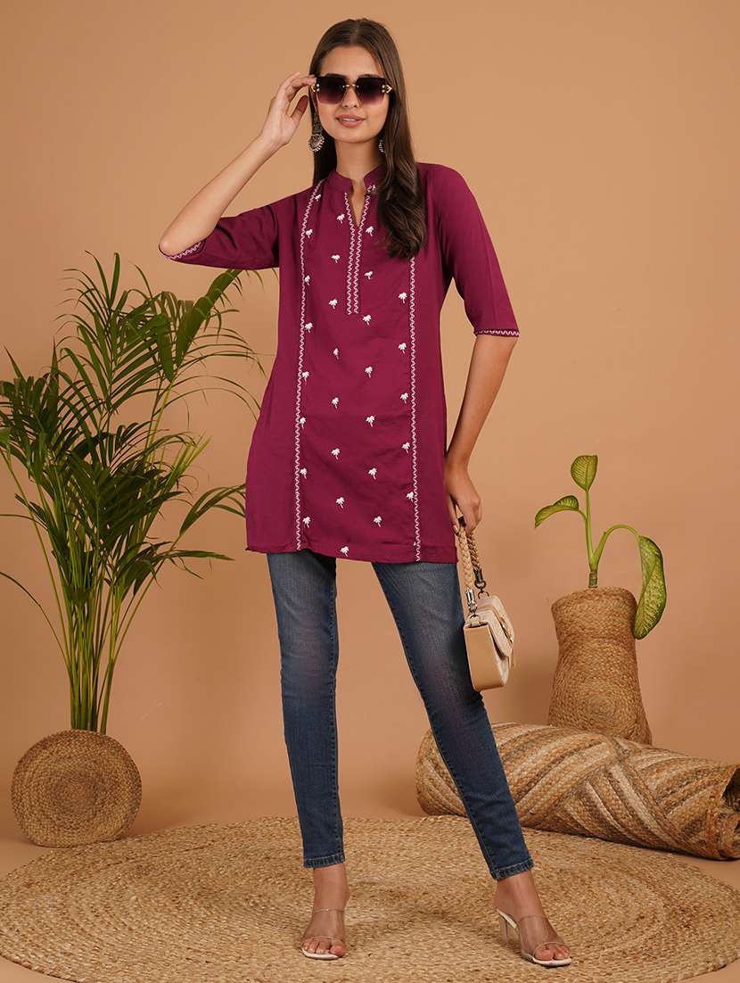 women embroidered three quarter sleeve straight kurti