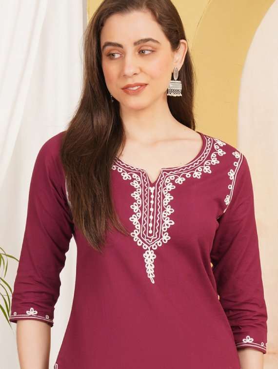 women solid with work notch neck straight kurti - 22498027 -  Standard Image - 1