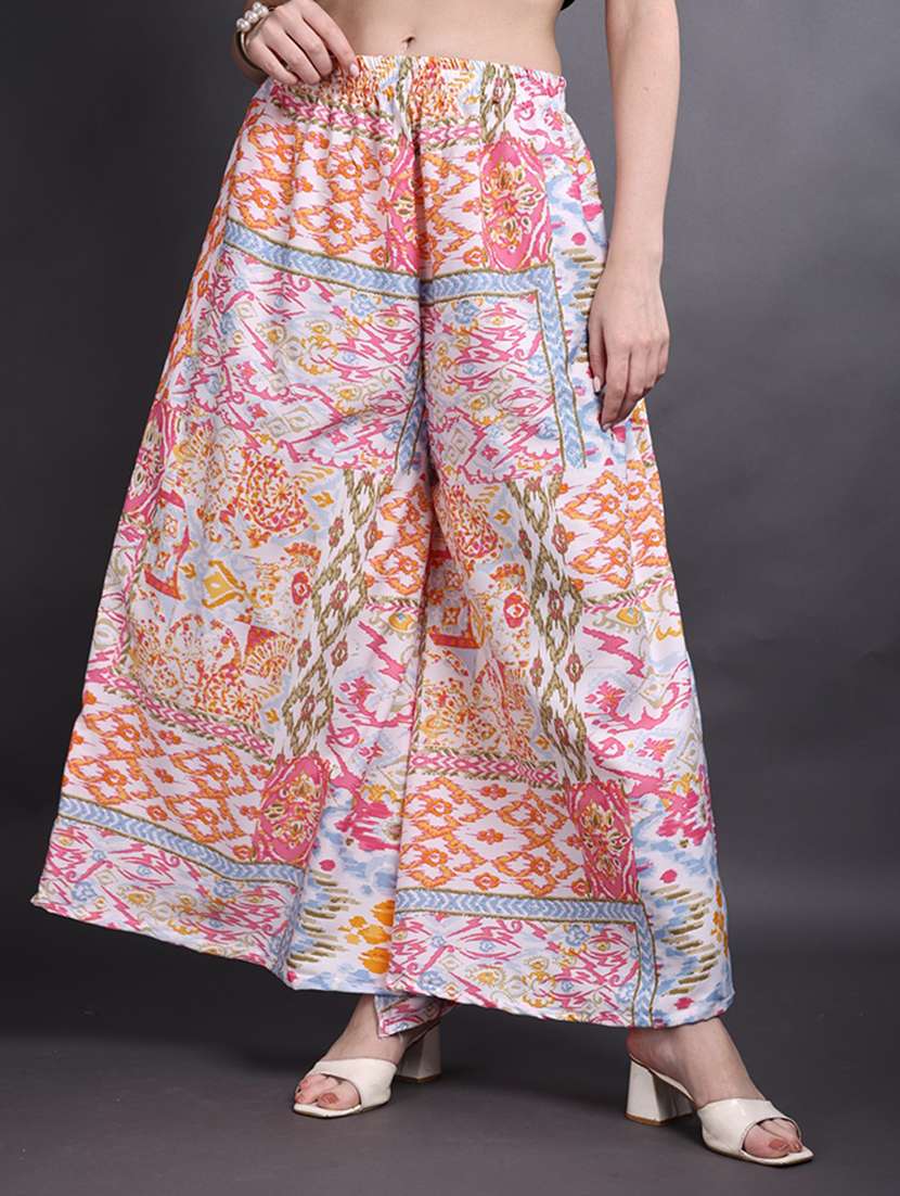 women printed mid rise flared palazzo